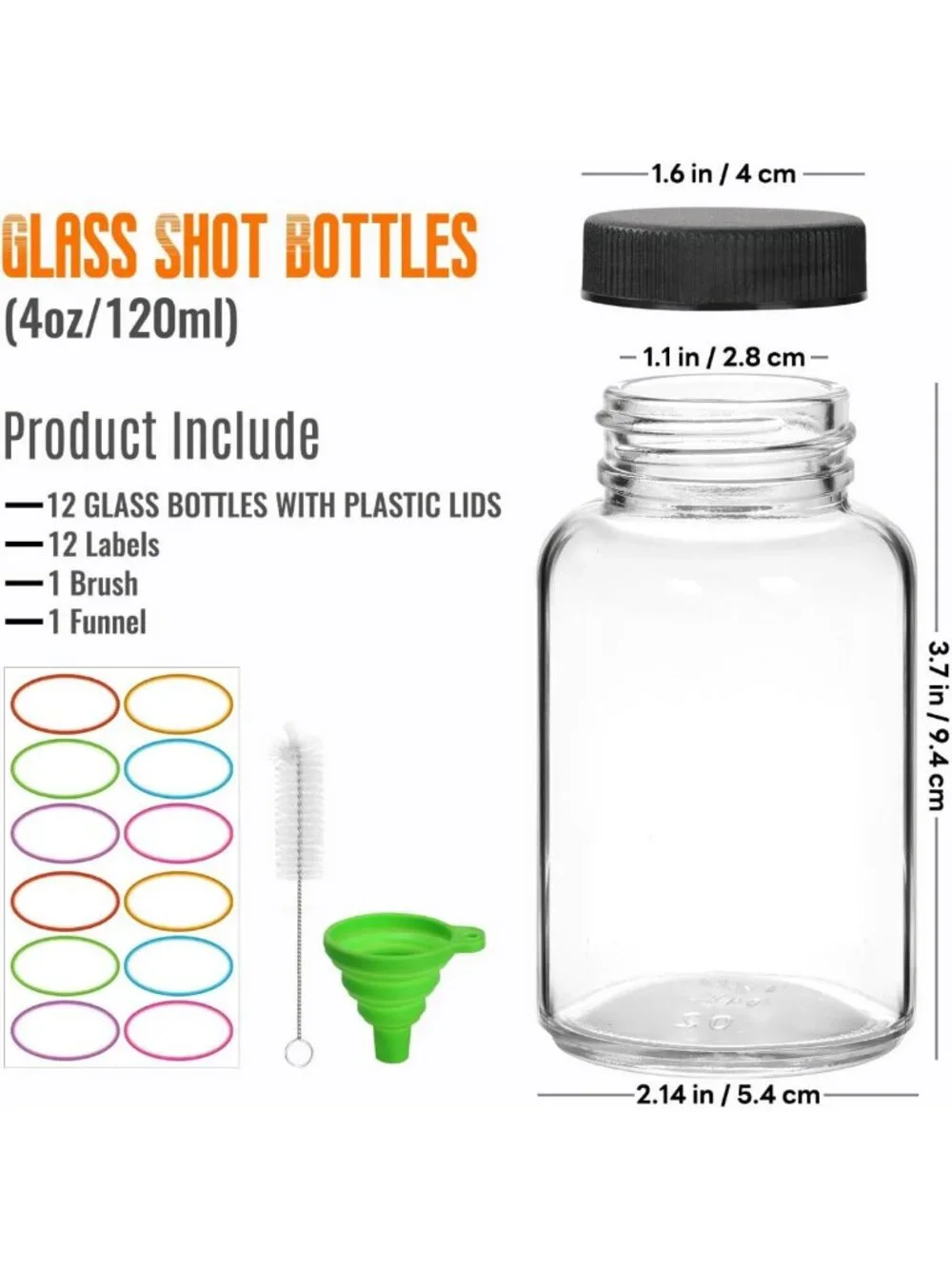 12 Pack Leakproof 4 OZ Glass Shot Bottles | Mini Juice Jars, Reusable Containers